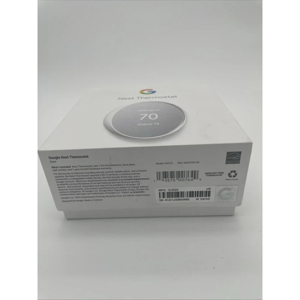 Google Nest Smart Thermostat, Snow - GA01334-US NIB